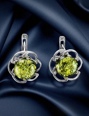 Серьги из серебра с натуральным янтарём зелёного цвета «Ромашка», 606511288