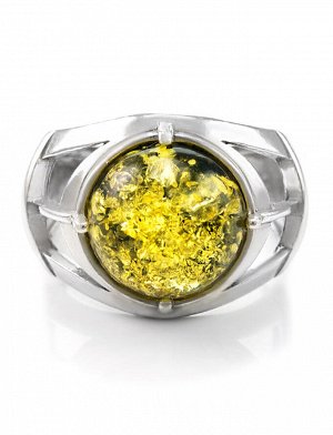 Серебряный перстень с круглой вставкой из натурального янтаря зелёного цвета «Цезарь», 706301047