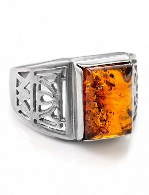 Ажурный серебряный перстень с натуральным балтийским янтарём «Цезарь», 706301053