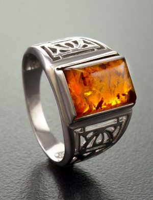 Ажурный серебряный перстень с натуральным балтийским янтарём «Цезарь», 706301053