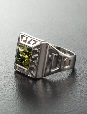 Серебряный перстень-унисекс с натуральным зелёным янтарём «Итака», 706301060