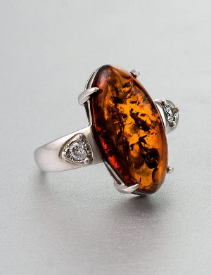 Яркое кольцо из серебра с натуральным янтарём и цирконами «Пенелопа», 706302182
