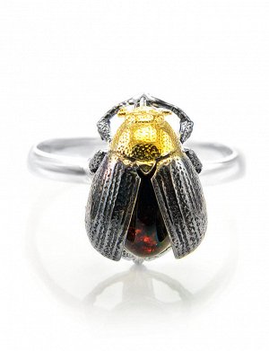 Яркое кольцо из натурального вишнёвого янтаря и серебра «Скарабей», 706305112