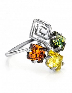Яркое стильное кольцо «Вернисаж» с янтарём трёх цветов в серебре