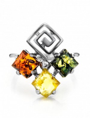 amberholl Яркое стильное кольцо «Вернисаж» с янтарём трёх цветов в серебре