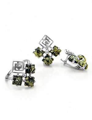 Необычные серебряные серьги с зелёным янтарём «Вернисаж», 706507277