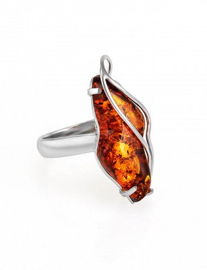 Изящное серебряное кольцо с цельным натуральным янтарем коньячного цвета с искорками «Риальто», 706309293