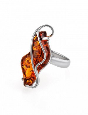 Изящное серебряное кольцо с цельным натуральным янтарем коньячного цвета с искорками «Риальто», 706309293