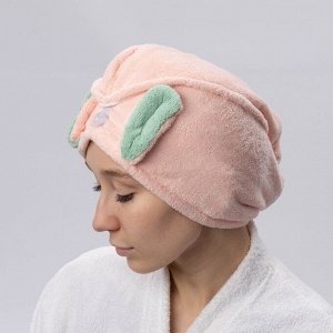 Чалма для сушки волос Доляна «Ушки», микрофибра, с пуговкой, розовая