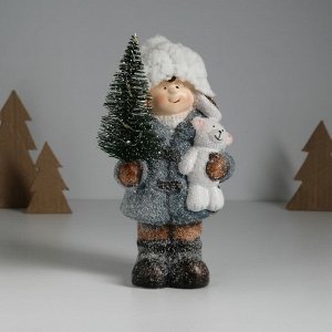 Фигурка светящаяся «Малыш в сером пальто, с ёлочкой и медведем», керамика, 10.5x8.5x19 см
