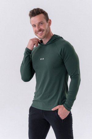 Мужской лонгслив NEBBIA Long-sleeve T-shirt with a hoodie (темно-зелёный)(330)