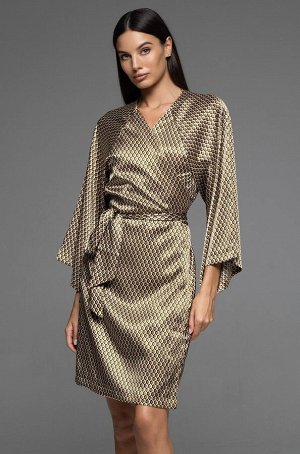 Inna 7523 Короткий запашной халат Mia-Amore с длинным широким рукавом, который можно так же носить в качестве платья и использовать для дневных выходов. Изделие выполнено из искусственного принтованно