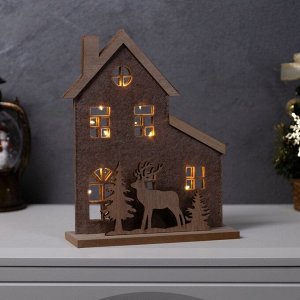 Фигура деревянная «Изба с оленями», 20x6x25 см, 5 LED, батарейки CR2032x1 (в комплекте), свечение теплое белое