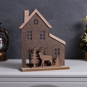 Фигура деревянная «Изба с оленями», 20x6x25 см, 5 LED, батарейки CR2032x1 (в комплекте), свечение теплое белое