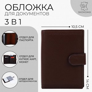 Обложка для документов 3 в 1: автодокументы, паспорт, купюры, цвет чёрный