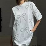 Модная женская футболка из 100% чистого хлопка с бантиками из страз, белая