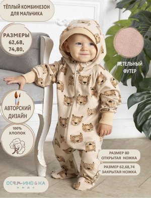 Комбинезон детский теплый для мальчика из футера с капюшоном БЕЗ начеса цвет Львы