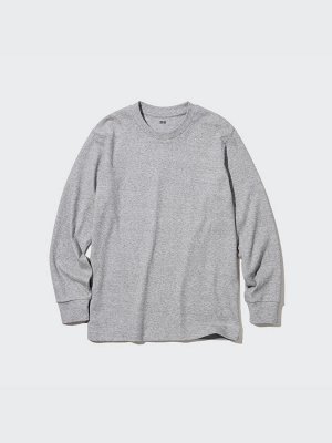 UNIQLO - хлопковая однотонная кофта с круглым вырезом - 04 GRAY