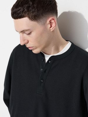 UNIQLO - вафельная кофта унисекс с пуговицами на вырезе -  09 BLACK