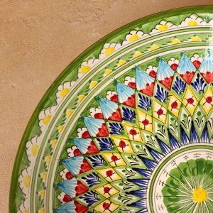 Ляган узбекский Риштанская керамика «Узоры», d=33 см, глубокий, зелёный
