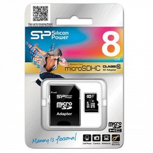 Карта памяти microSDHC 8GB SILICON POWER, 10 Мб/сек (class 1