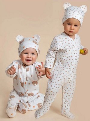 Комплект комбинезонов (слипов) детских с шапочкой Amarobaby Nature, горошек/леопарды, размер 62-68