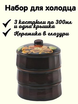 Набор для холодца, 3 миски, 300 мл, с крышкой, керамика, МАЛЫШ Мак на черном