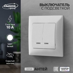 Выключатель Luazon Lighting «Антей», 10 А, 2 клавиши, скрытый монтаж, с подсветкой, белый