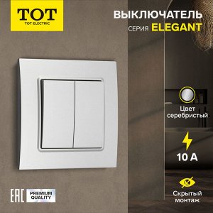 Выключатель проходной TOT Elegant, 10 А, 2 клавиши, скрытый монтаж, серебристый