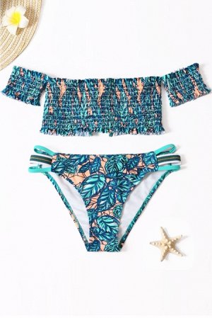 Кораллово-синий купальник бикини с тропическим принтом, сборкой в резинку и шнуровкой