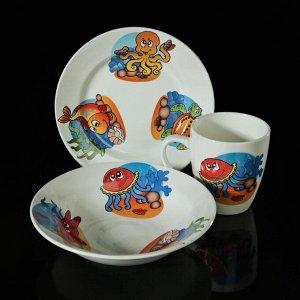 Набор детской посуды "Морской мир", 3 предмета: тарелка 17,5 см, миска 250 мл (17,5 см), кружка 260 мл, рисунок МИКС