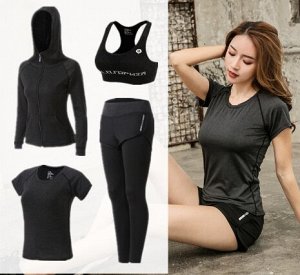 Спортивный комплект быстросохнущий: фиксирующий топ + футболка + легинсы с шортами + мастерка с капюшоном , черный