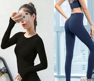 Спортивный комплект быстросохнущий: лонгслив + легинсы, черный/синий