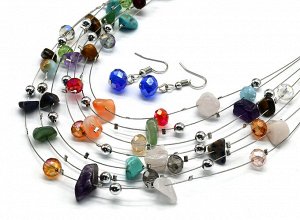 Колье и Серьги 7нитей из самоцветов и циркона, 45см