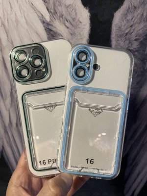 Силиконовый прозрачный чехол для Iphone Card Case с пластиковым карманом для карты и защитой камеры