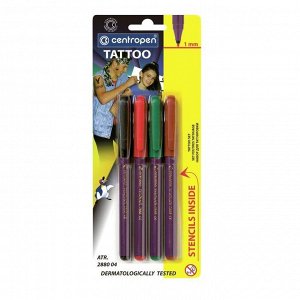 Фломастеры 4 цвета Centropen 2880 Tetovaci, для тату + 16 трафаретов, блистер, европодвес, линия 1.0 мм