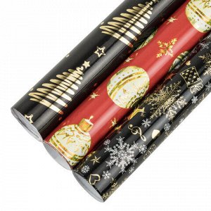 Бумага упаковочная новогодняя НАБОР 3 шт. "Black&amp;Gold", С ЭФФЕКТАМИ, 70х100 см, ЗОЛОТАЯ СКАЗКА, 592190
