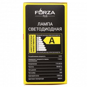FORZA Лампа светодиодная A60 14 Вт, Е27, 1250 Лм, 4000 К, 175-265 В, Ra>80, IRF