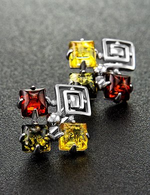 Яркие серебряные серьги «Вернисаж» с натуральным янтарём трёх цветов, 706507275