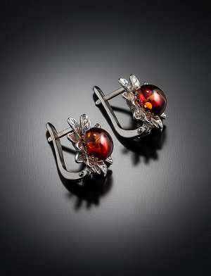 Серебряные серьги, украшенные натуральным янтарём вишнёвого цвета «Астра», 706507088