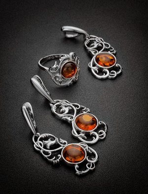 Ажурное серебряное кольцо с натуральным коньячным янтарём «Кордова», 706311057