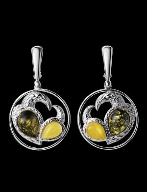 Эффектные круглые серьги «Лирика» из серебра и натурального янтаря двух цветов, 806503110