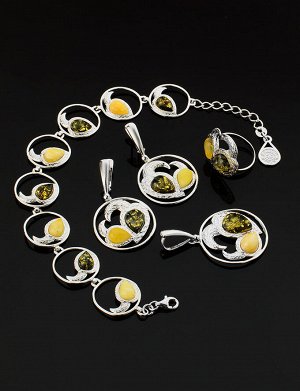 Эффектные круглые серьги «Лирика» из серебра и натурального янтаря двух цветов, 806503110