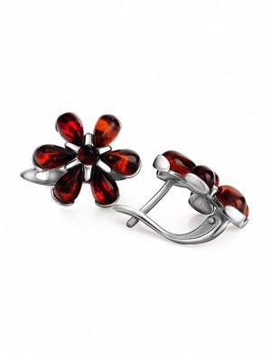 Серебряные серьги с натуральным янтарем красивого вишневого цвета «Кувшинка», 5065210223