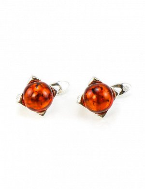 Изящные серебряные серьги с янтарем вишневого цвета «Рондо», 5065210238