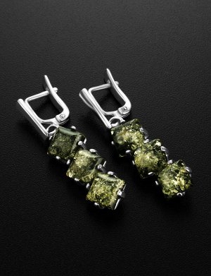 Необычные серьги «Зигзаг» из серебра с зелёным янтарём, 806512166