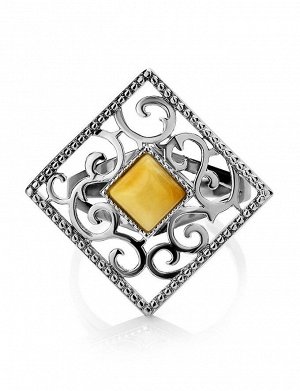 Изысканное серебряное кольцо с медовым янтарём «Арабеска»