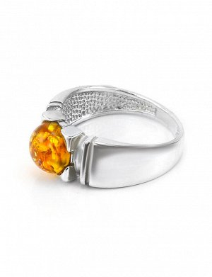 Стильное серебряное кольцо с круглой вставкой из натурального сверкающего коньячного янтаря «Рондо», 5063210244