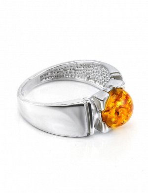 Стильное серебряное кольцо с круглой вставкой из натурального сверкающего коньячного янтаря «Рондо», 5063210244