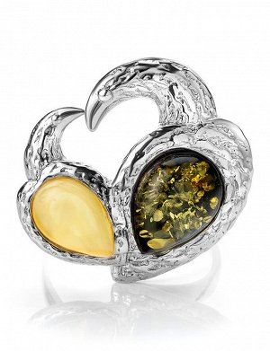 Оригинальное и эффектное кольцо из серебра и натурального янтаря двух цветов «Лирика»